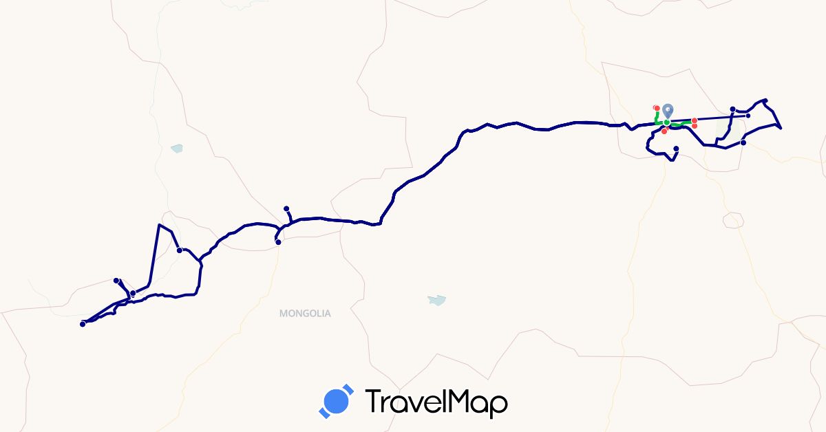 TravelMap itinerary: driving, bus, cycling, hiking in Mongolia (Asia)